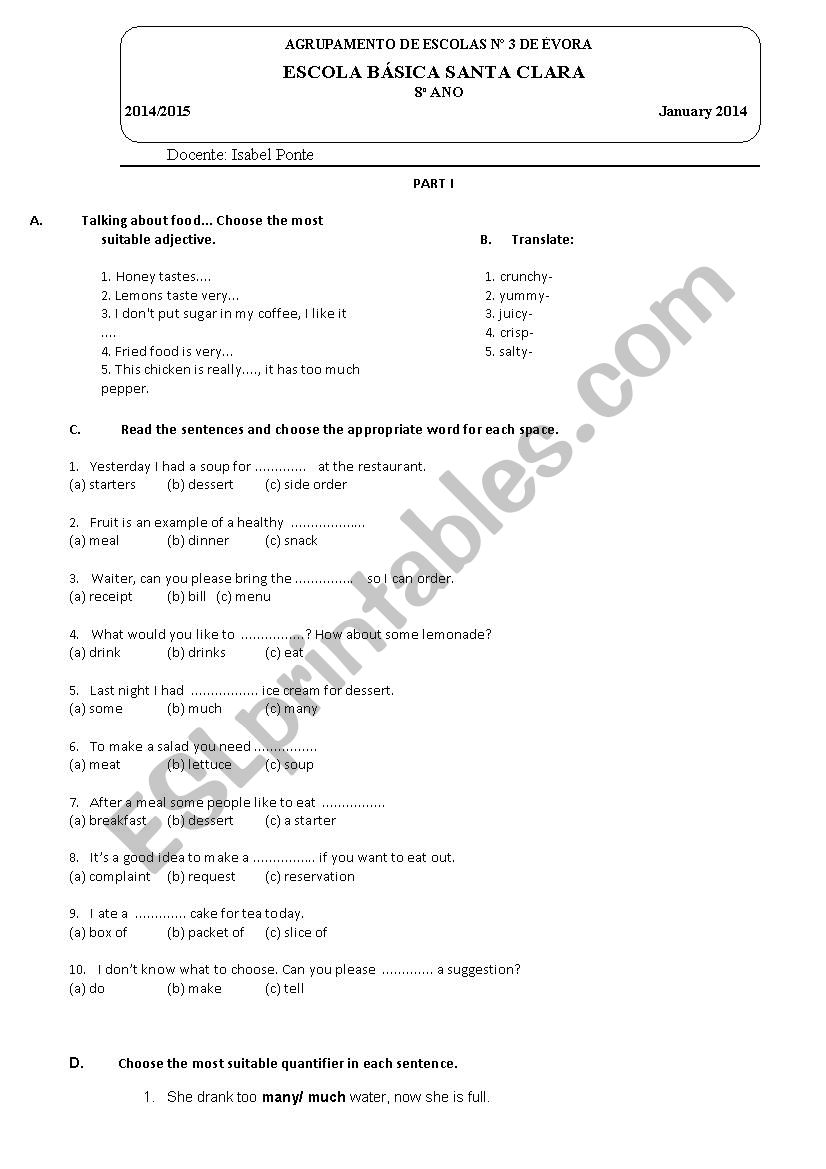 test 8th grade about food worksheet