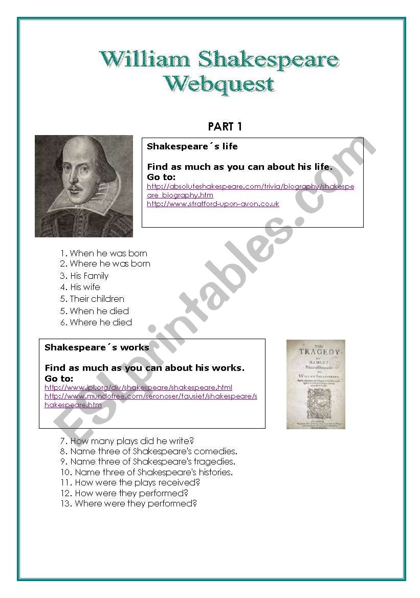 Shakespeare Webquest worksheet