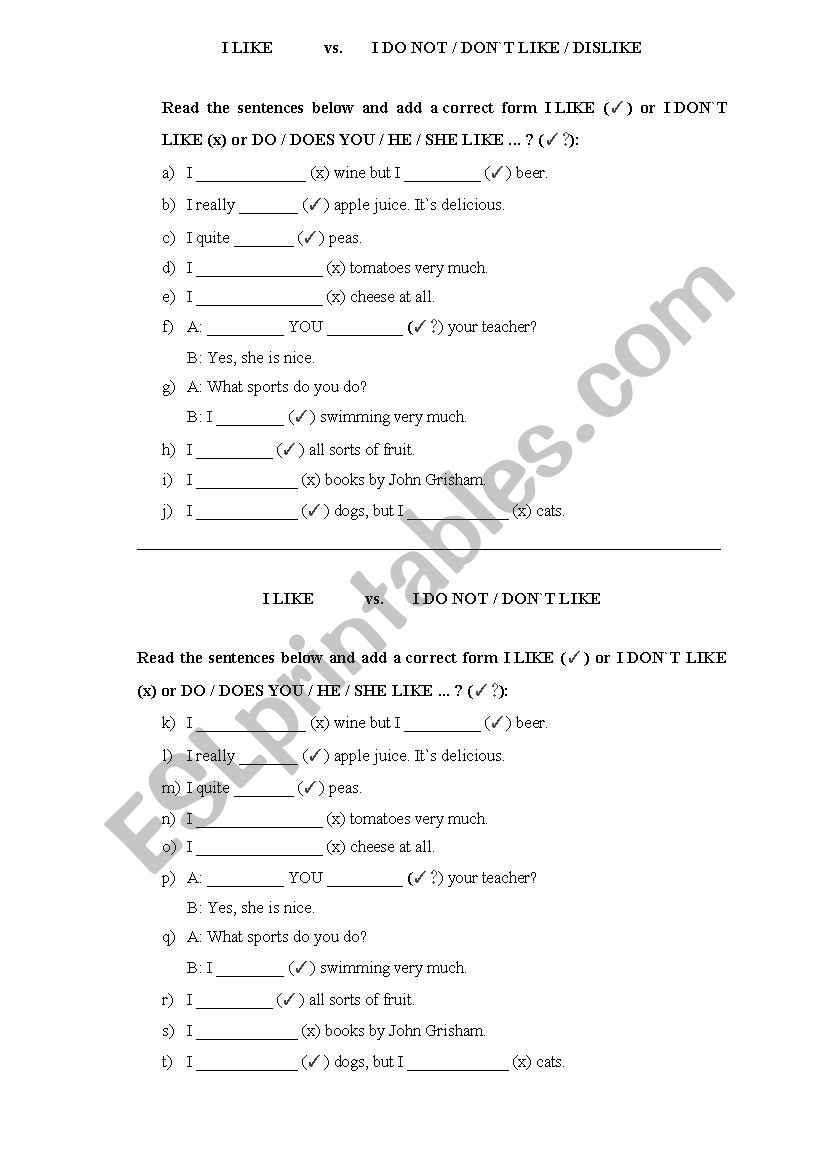 I like/ dont like worksheet