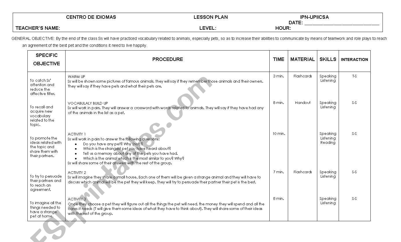 Lesson Plan Pets worksheet