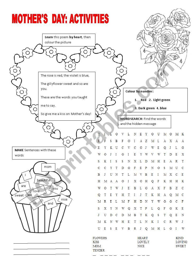 Mothers Day activities worksheet