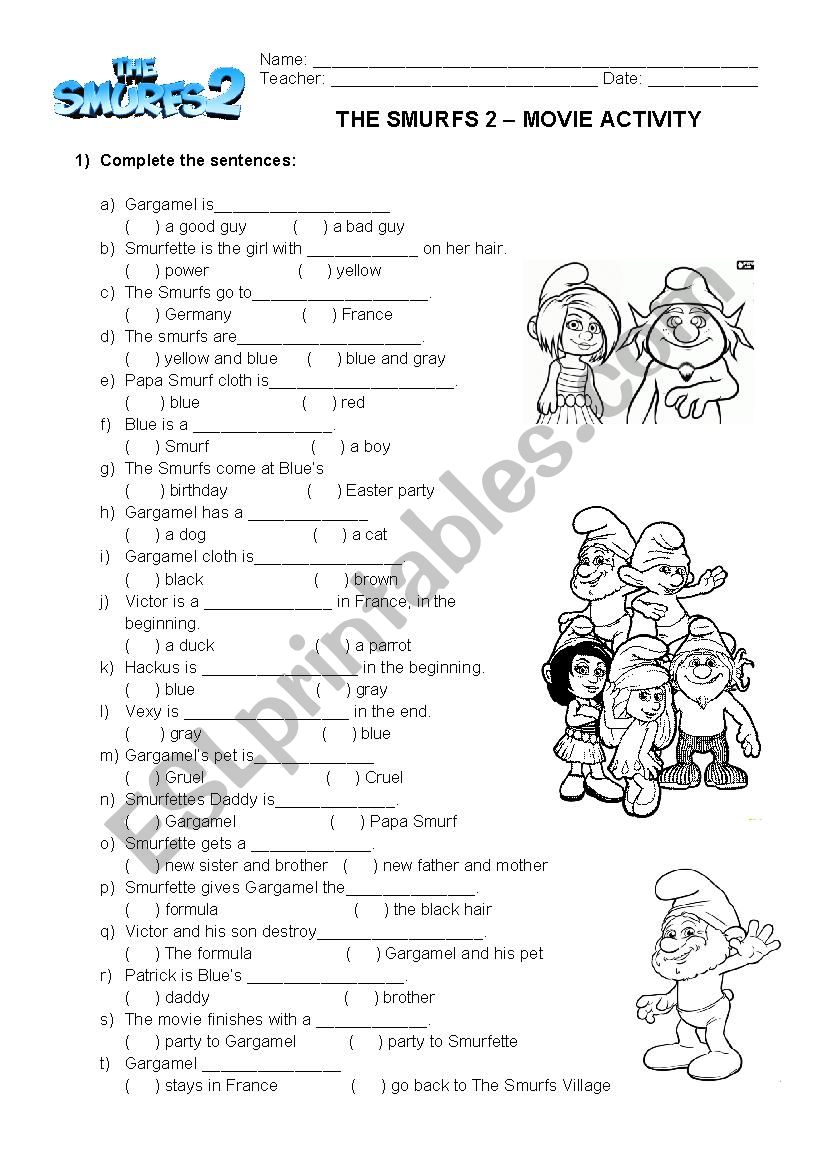 The Smurfs 2 worksheet