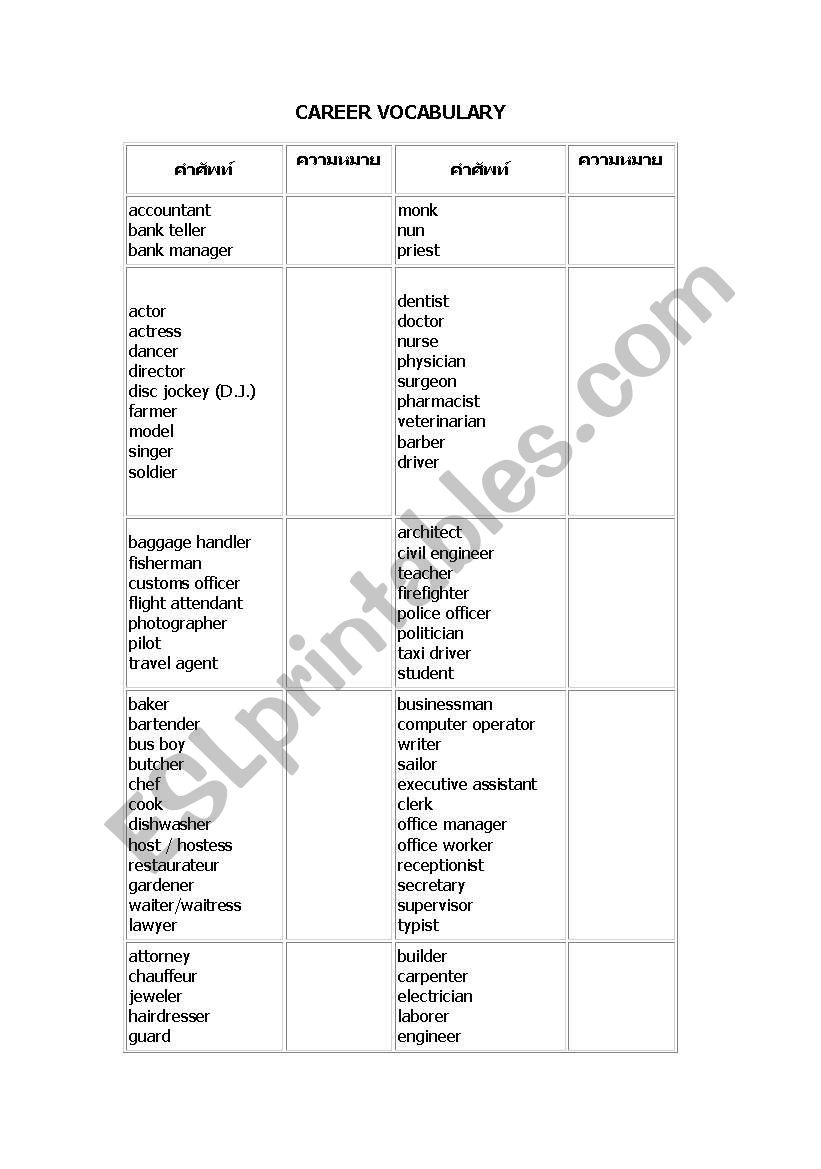 Career Vocabulary worksheet