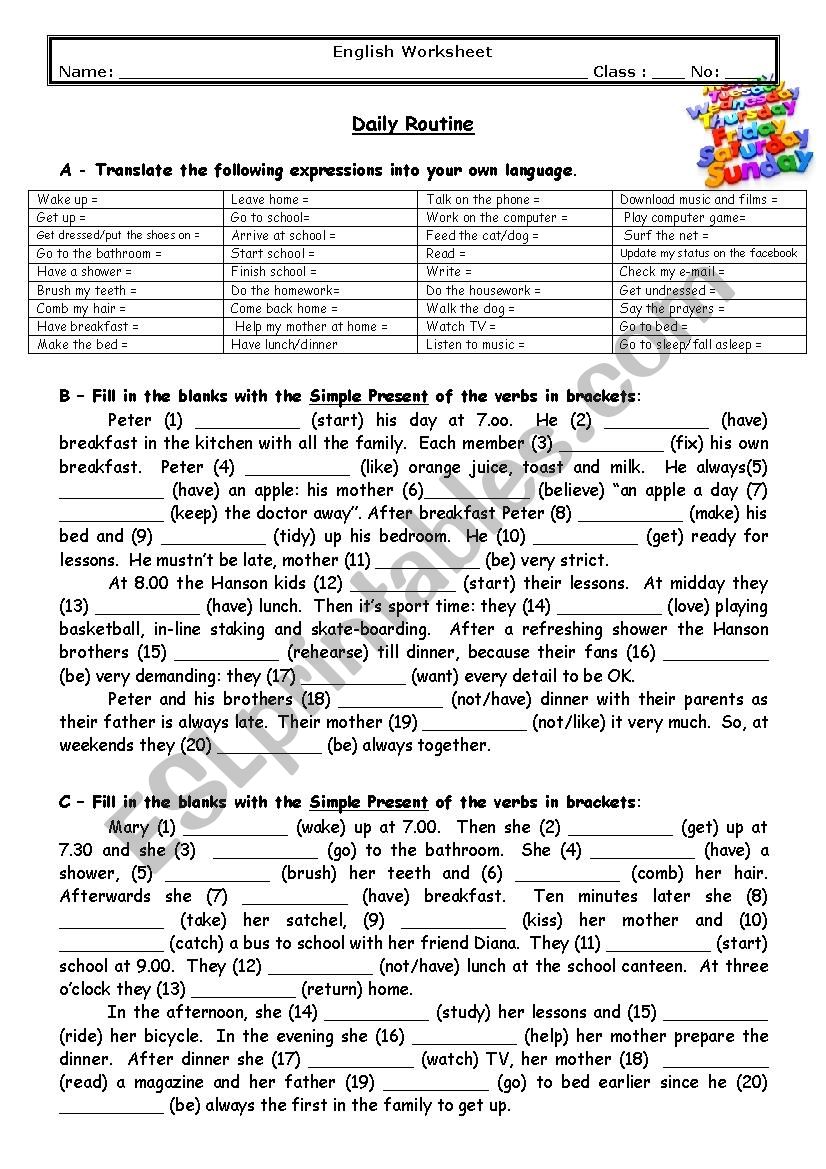 Routine worksheet