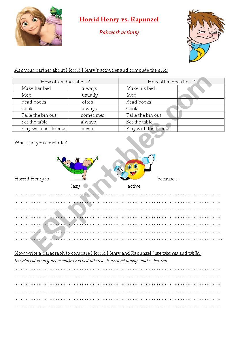 Horrid Henry vs. Rapunzel worksheet