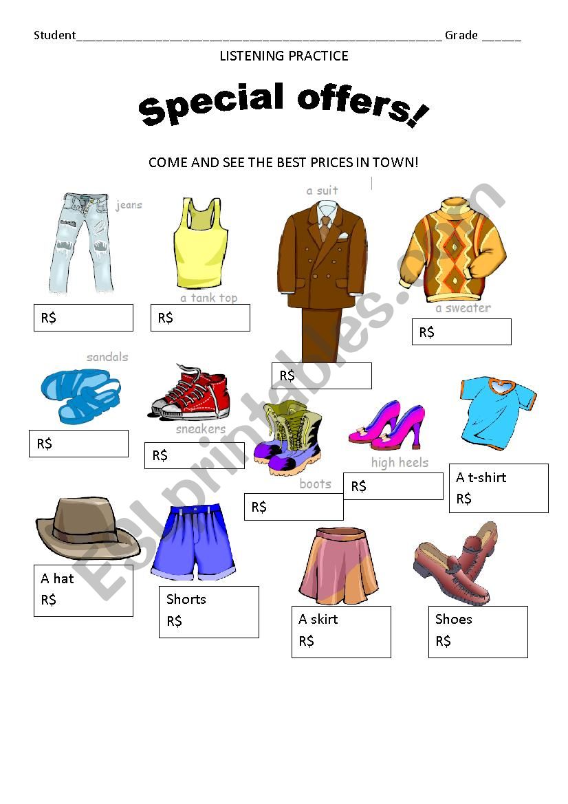 Listening Activity - Prices of clothes - ESL worksheet by Teacher_Alnikmar