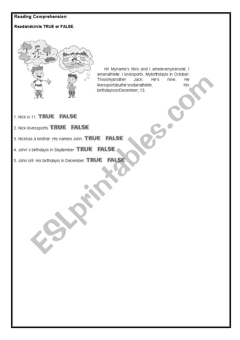 Reading comprehension worksheet