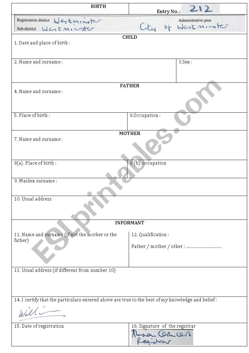 birth register worksheet