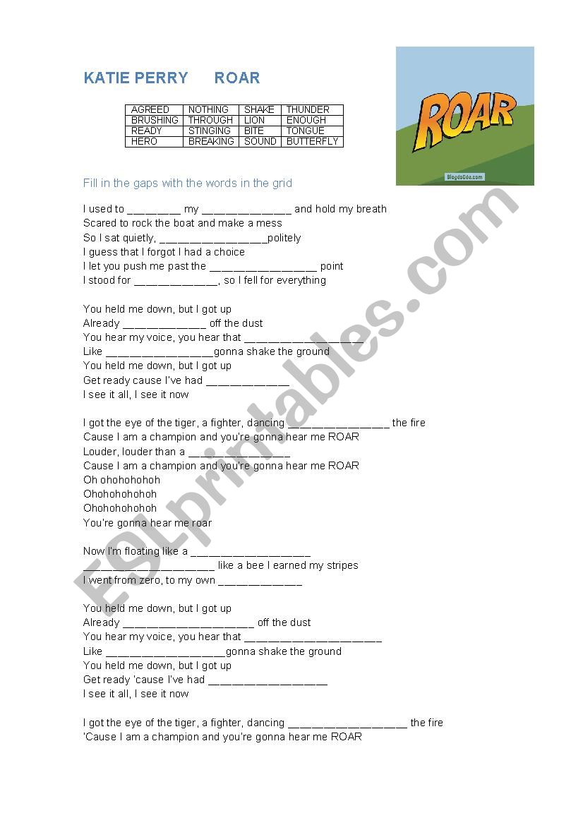 Song Roar Katy Perry - vocabulary practice - ESL worksheet by caiomachado