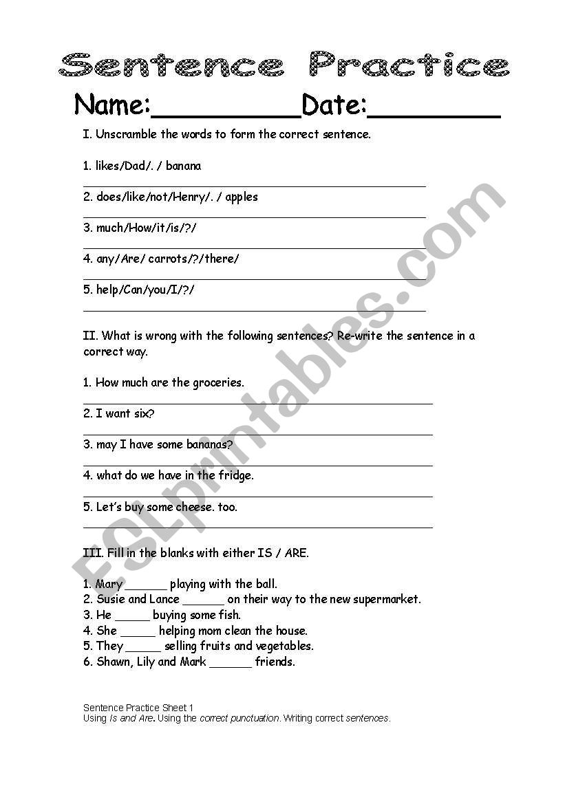 Sentce Practice Sheet worksheet