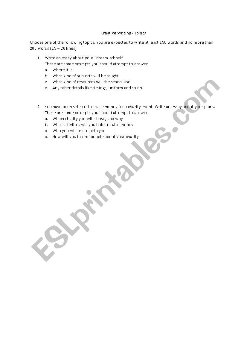 Creative Writing Topics worksheet