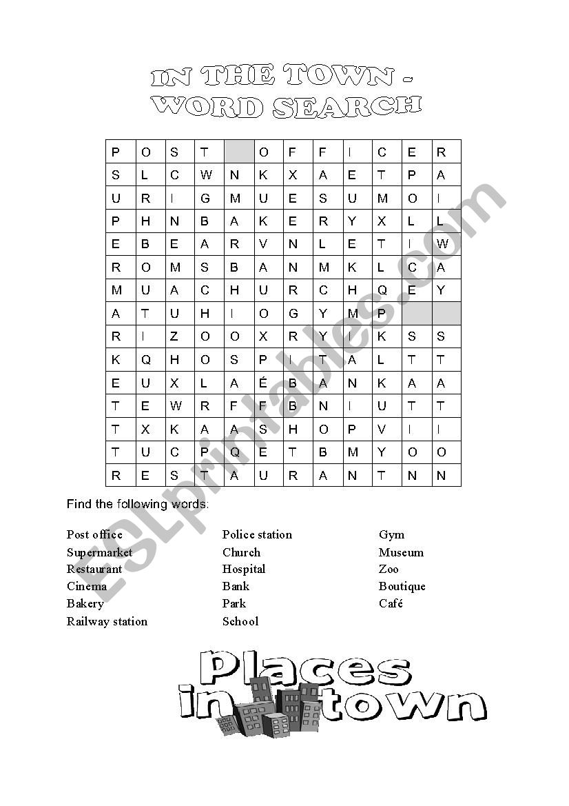 places in town wordsearch worksheet