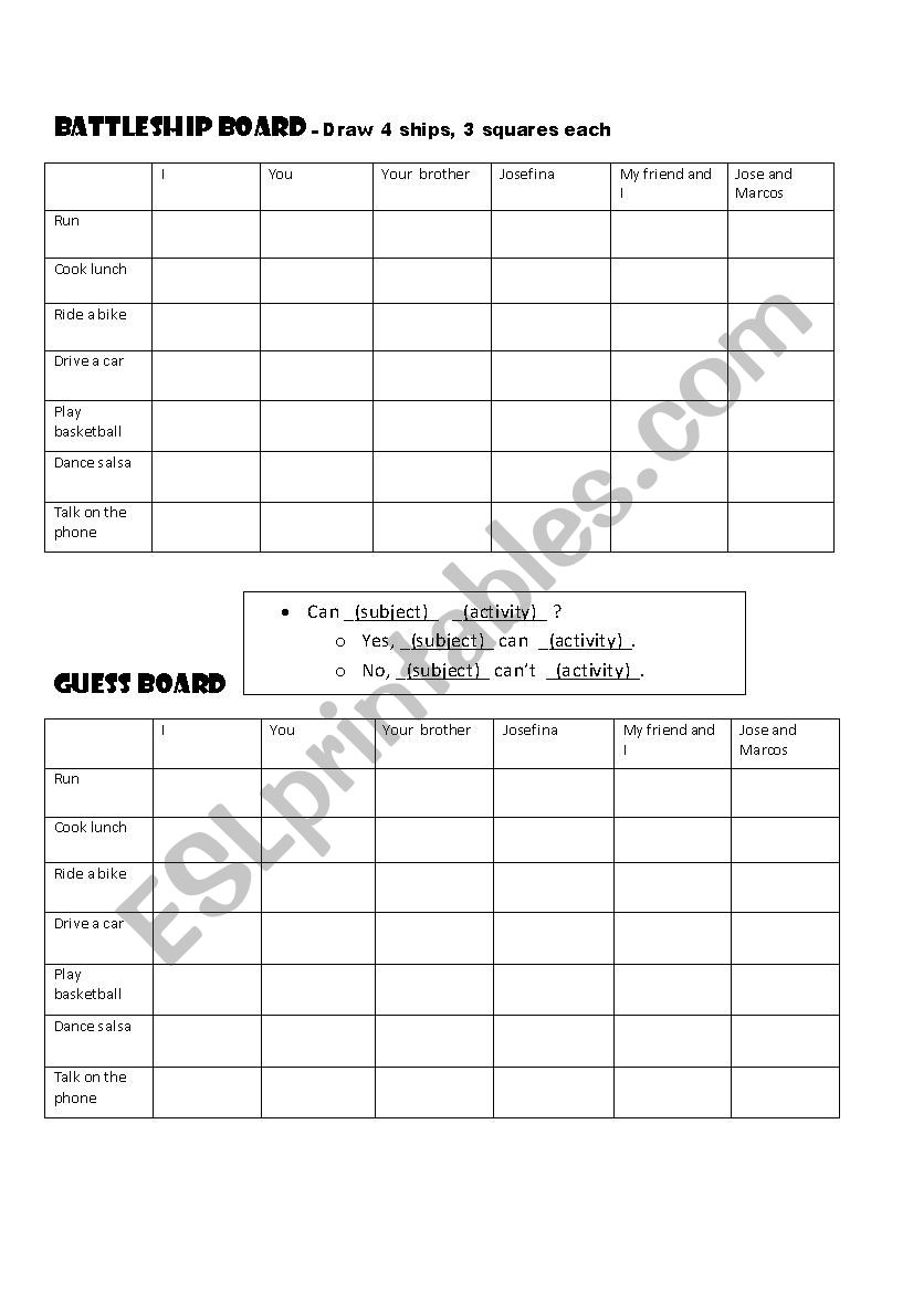 Can/ Cant Battleship worksheet