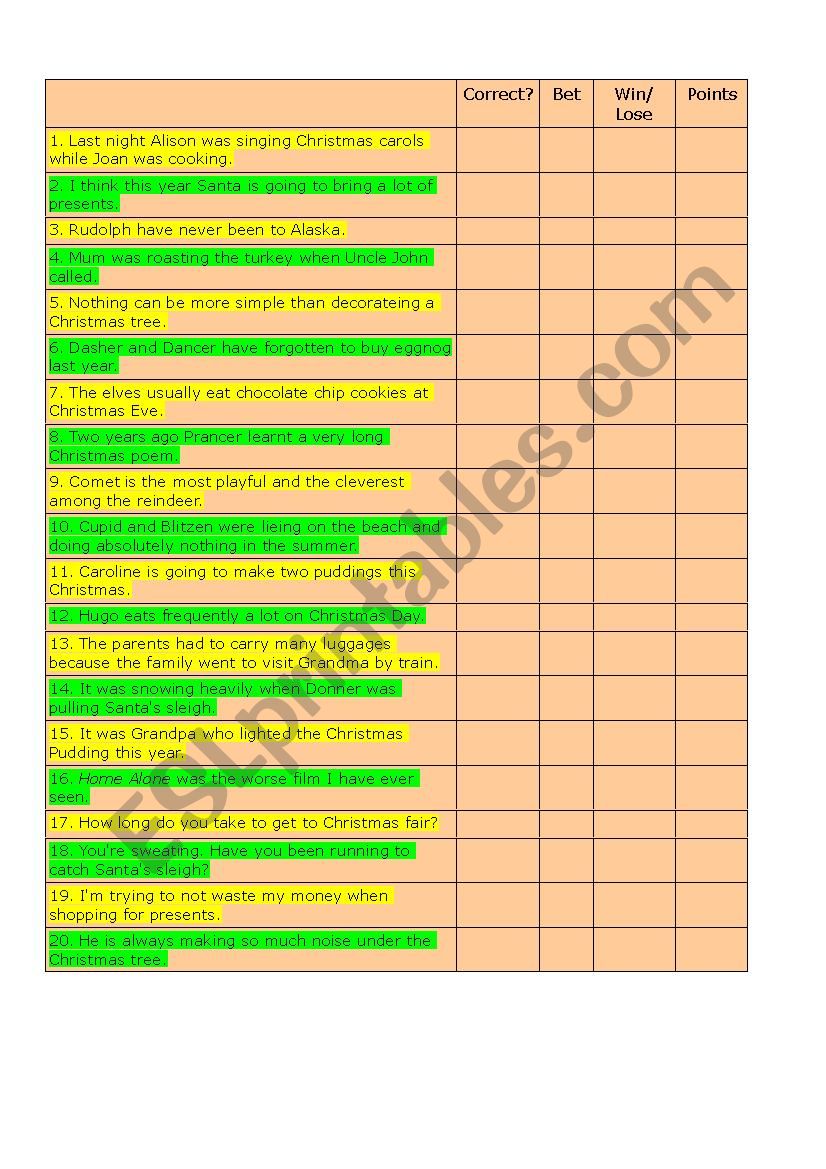 Christmas grammar casino worksheet