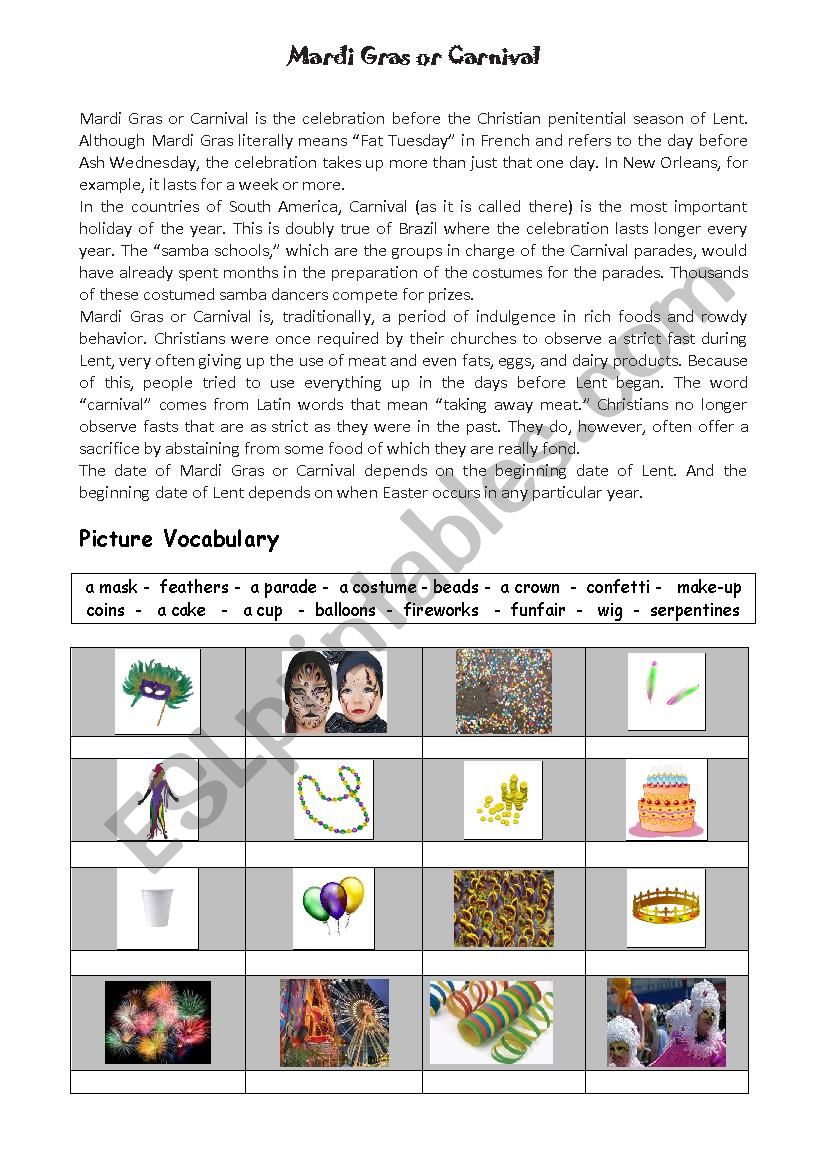 MARDI GRAS worksheet