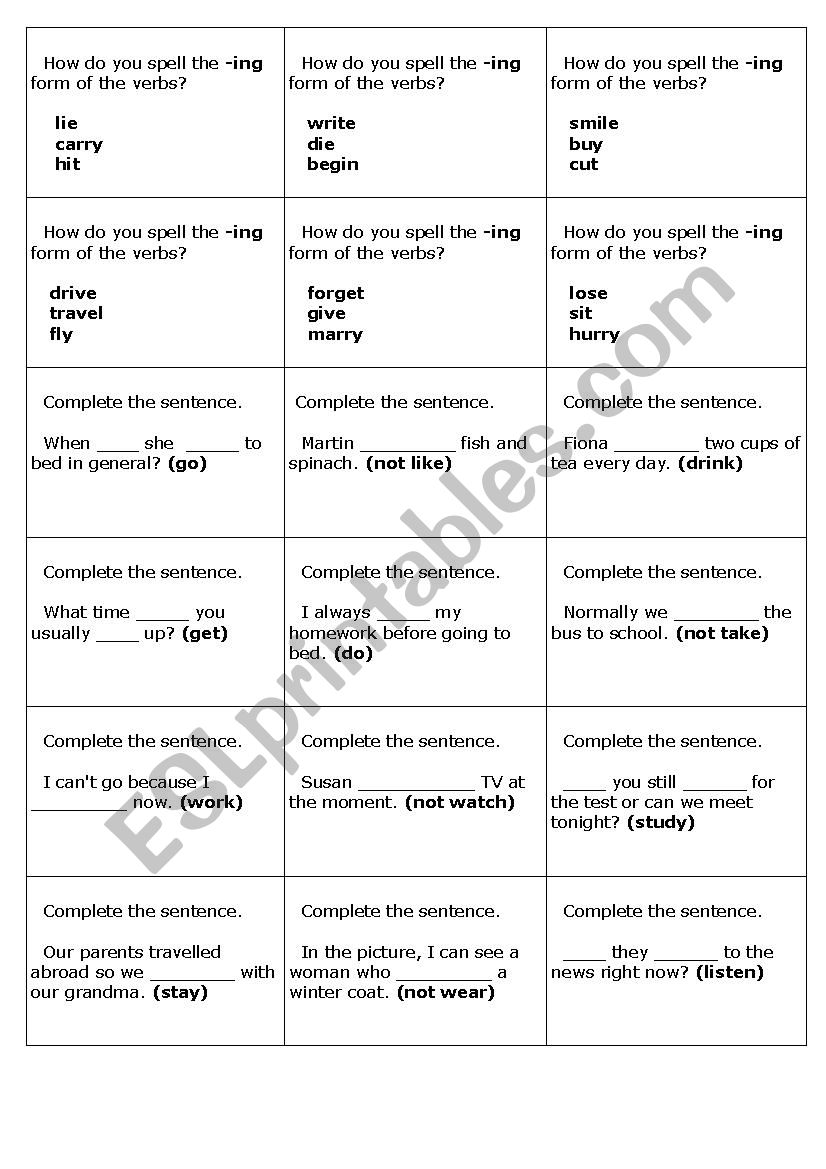 Snakes and ladders cards worksheet