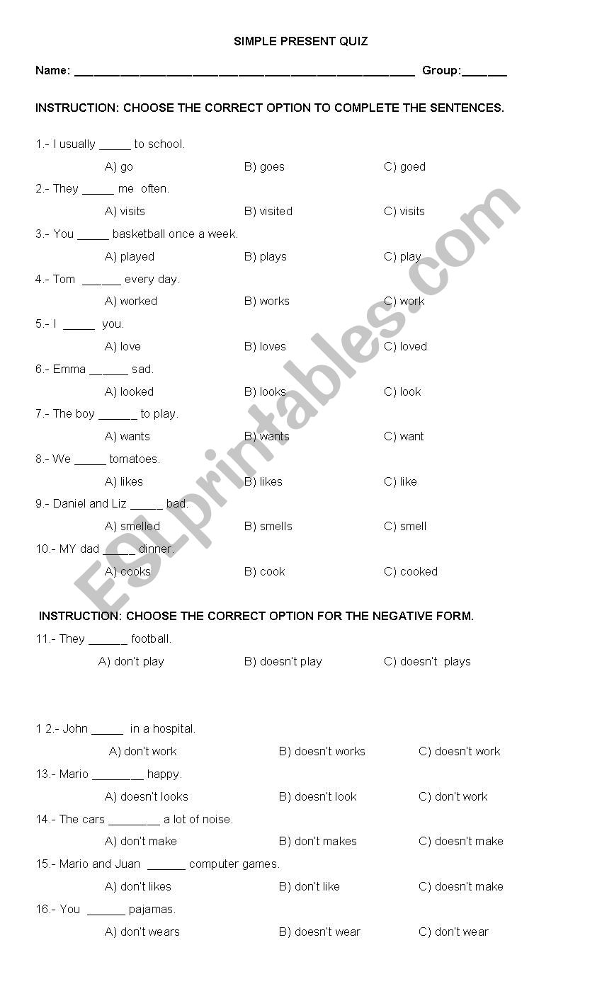 simple present quiz worksheet