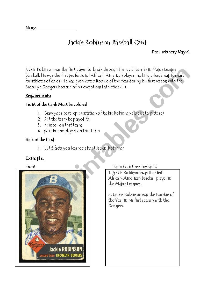 Jackie Robinson Baseball Card worksheet