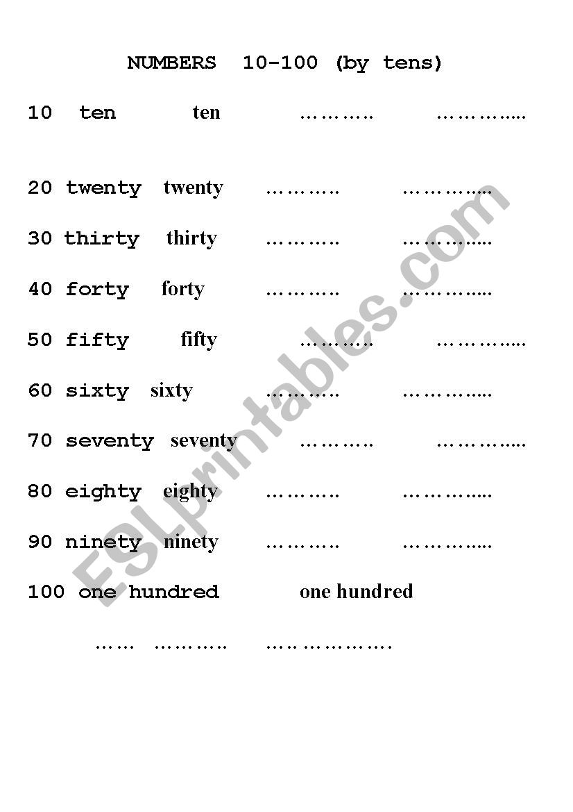 NUMBERS 10-100 (by tens) worksheet