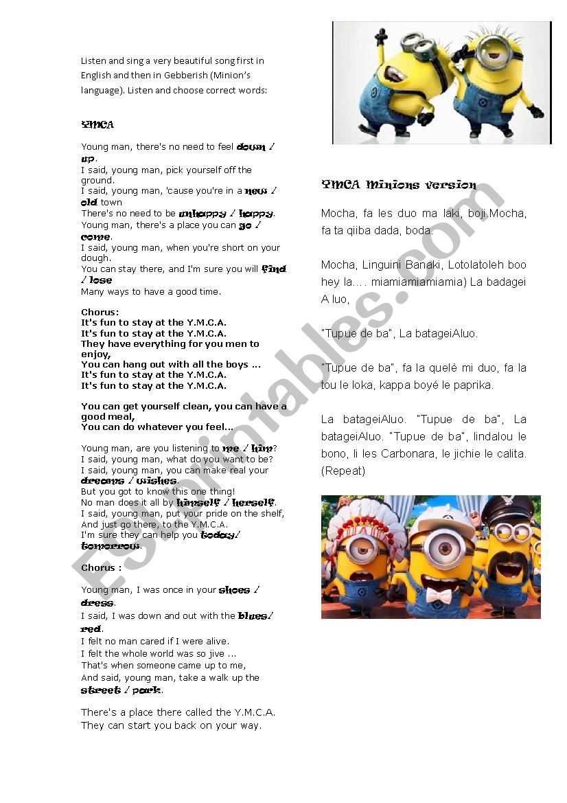 YMCA song worksheet