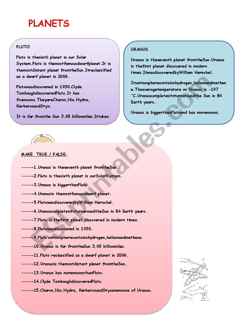 PLANETS - text about Pluto and Uranus.True/False act.