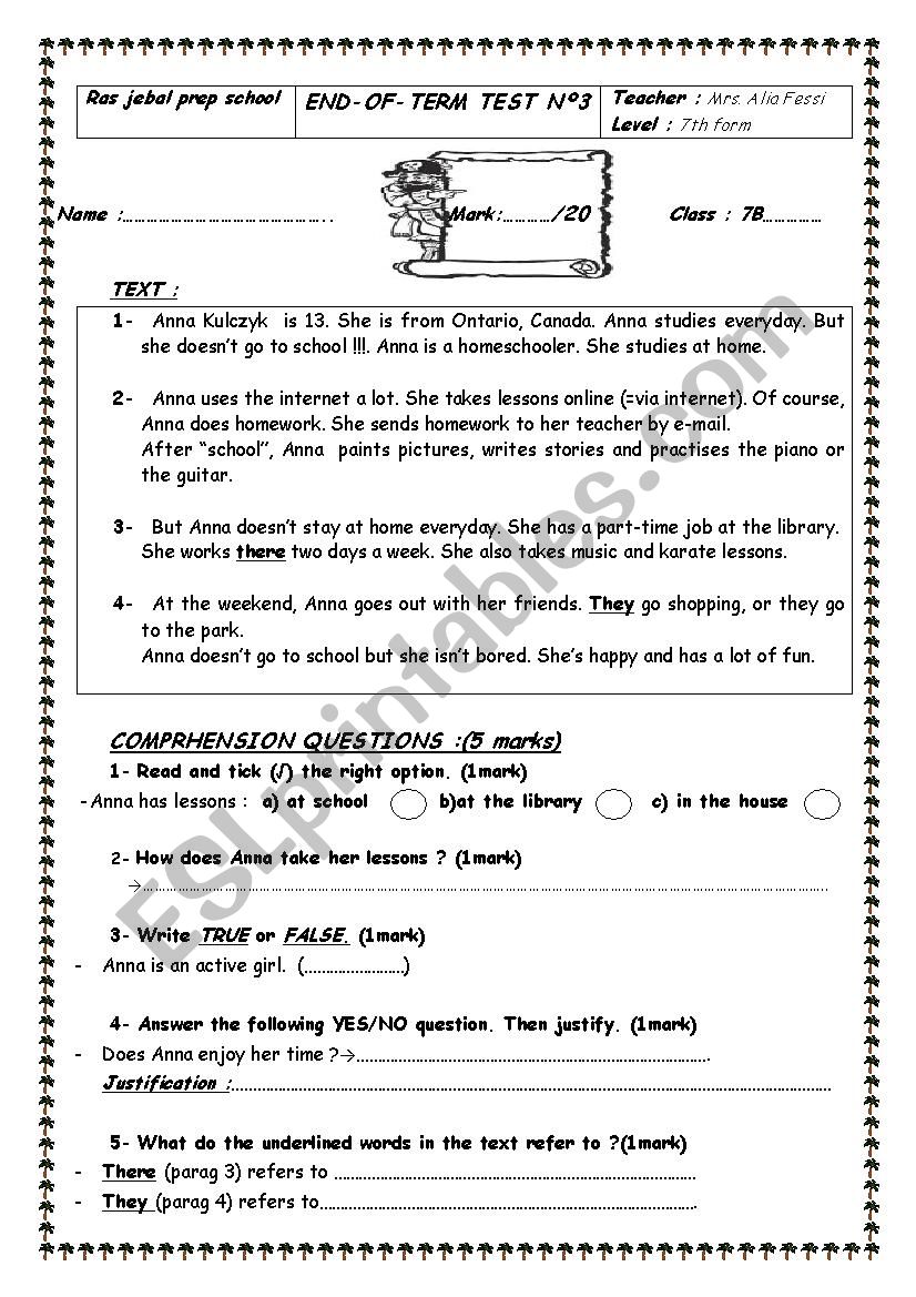 END OF TERM TEST 3 7th FORM worksheet