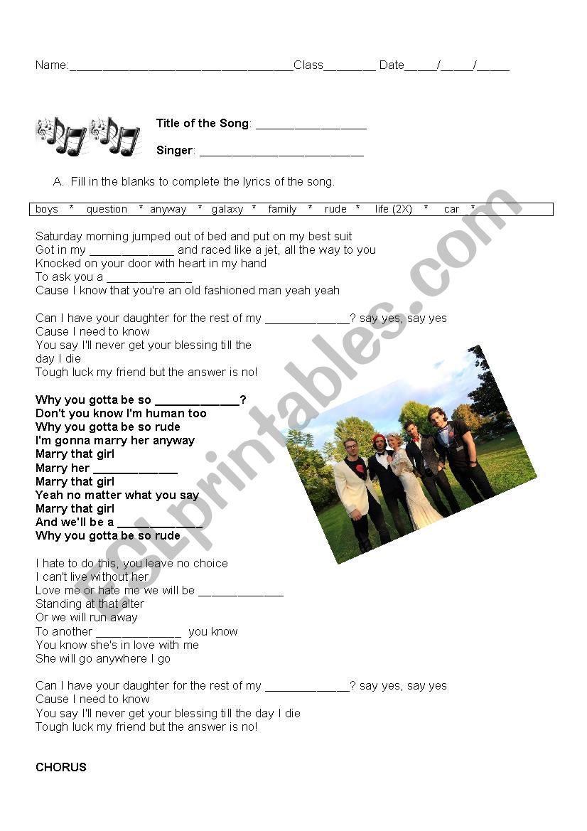 Rude Song by Magic Worksheet worksheet