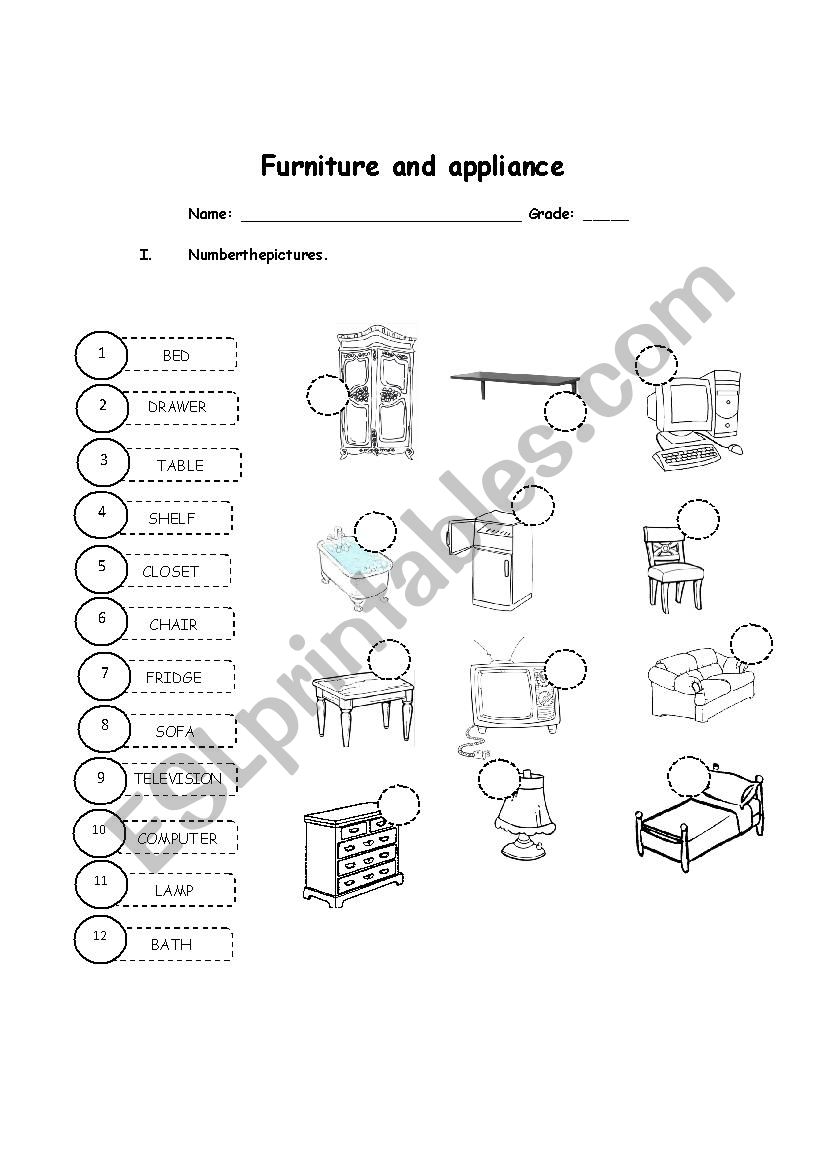 Furniture and Appliance worksheet