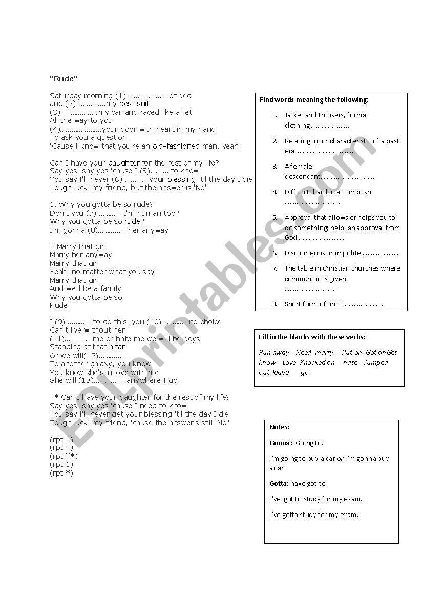 Rude (lyrics) worksheet