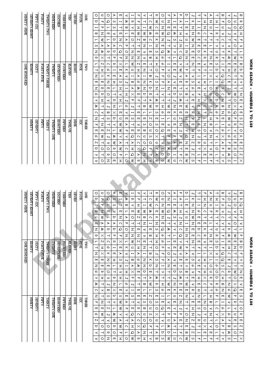 Word Search - 1 to 100 worksheet