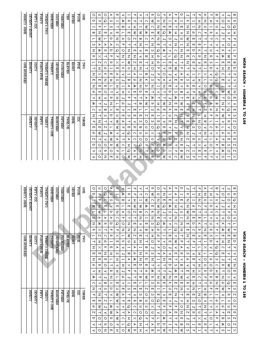 Word Search - 1 to 100 worksheet