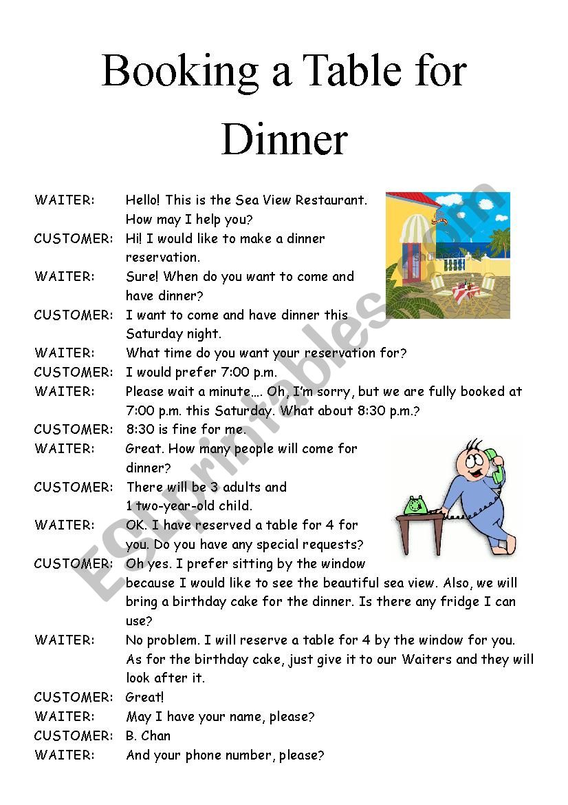 Booking for Dinner worksheet