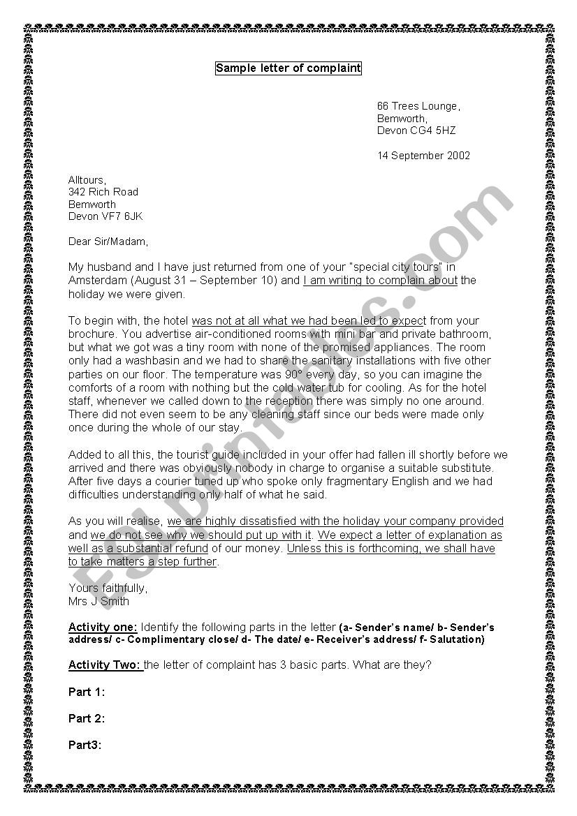 Letter of Complaint 4th Form worksheet