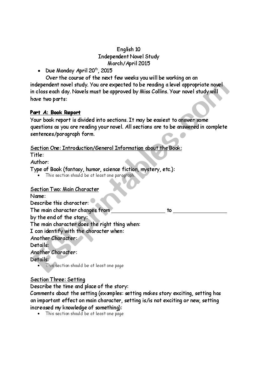 High School Independent Novel Study