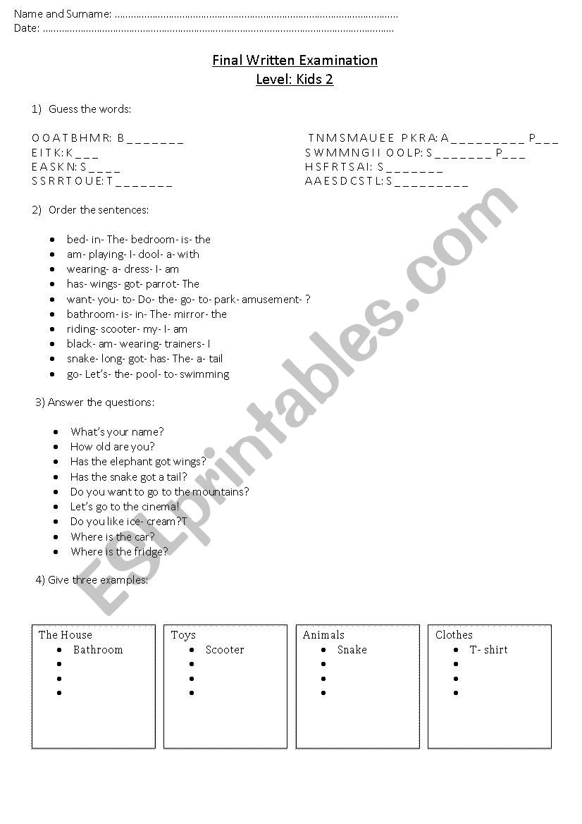 Final Exam Kids 2 worksheet