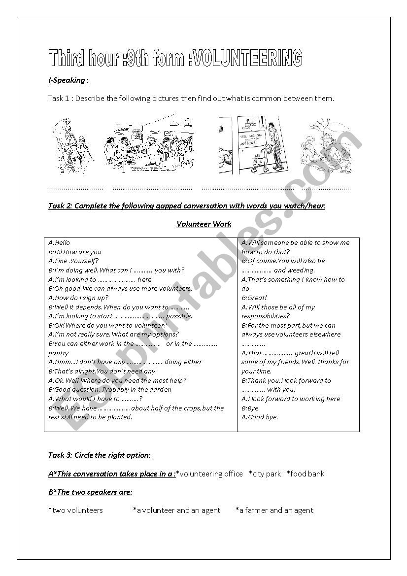 lesson -plan and a worksheet about volunteering  third hour 9th formers