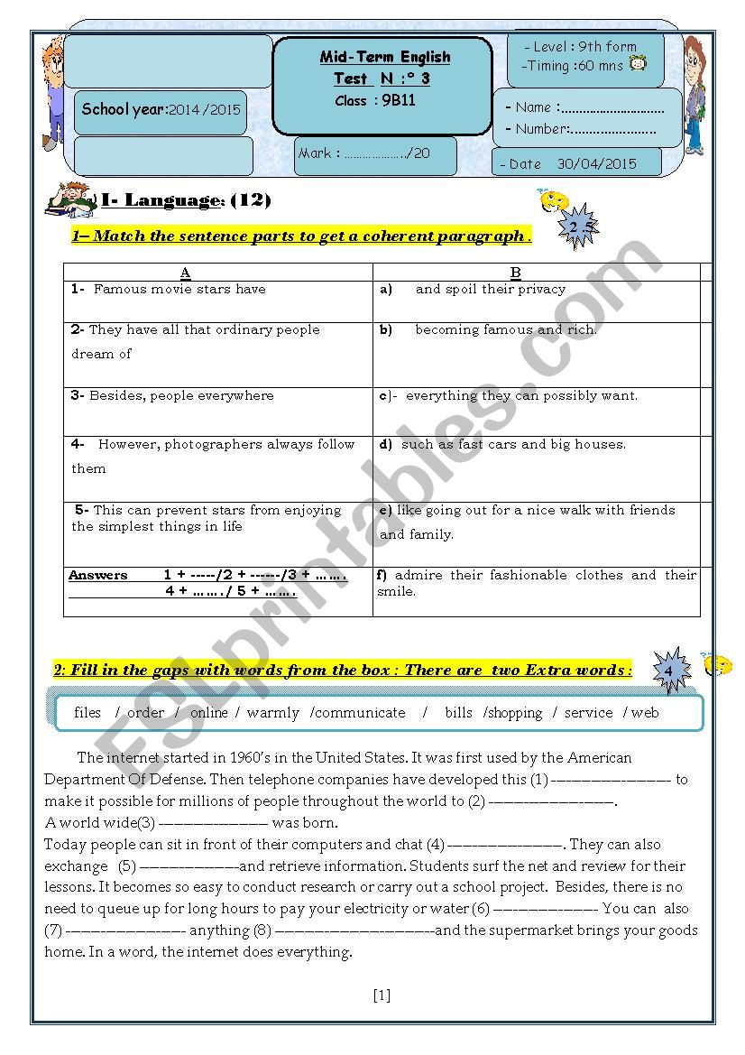 English test 3    9th grade  worksheet