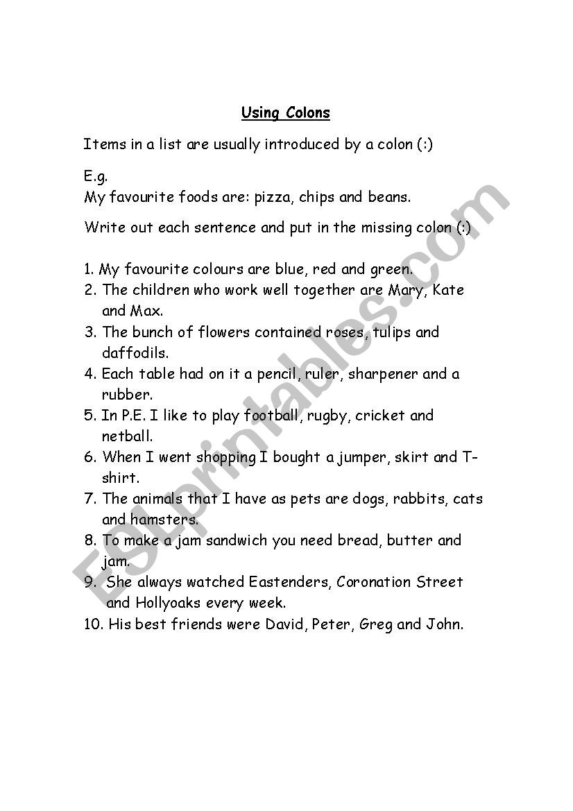 Using colons - ESL worksheet by mihirini22 Inside Semicolon And Colon Worksheet