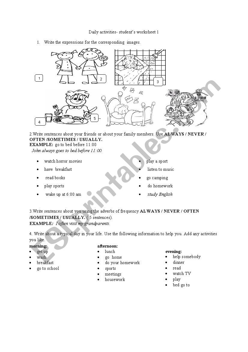 Daily activities worksheet