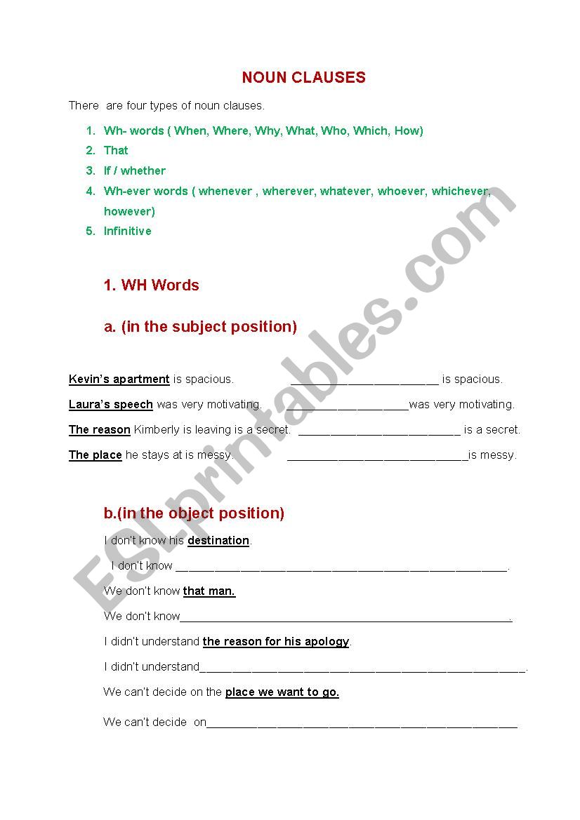 noun clauses worksheet