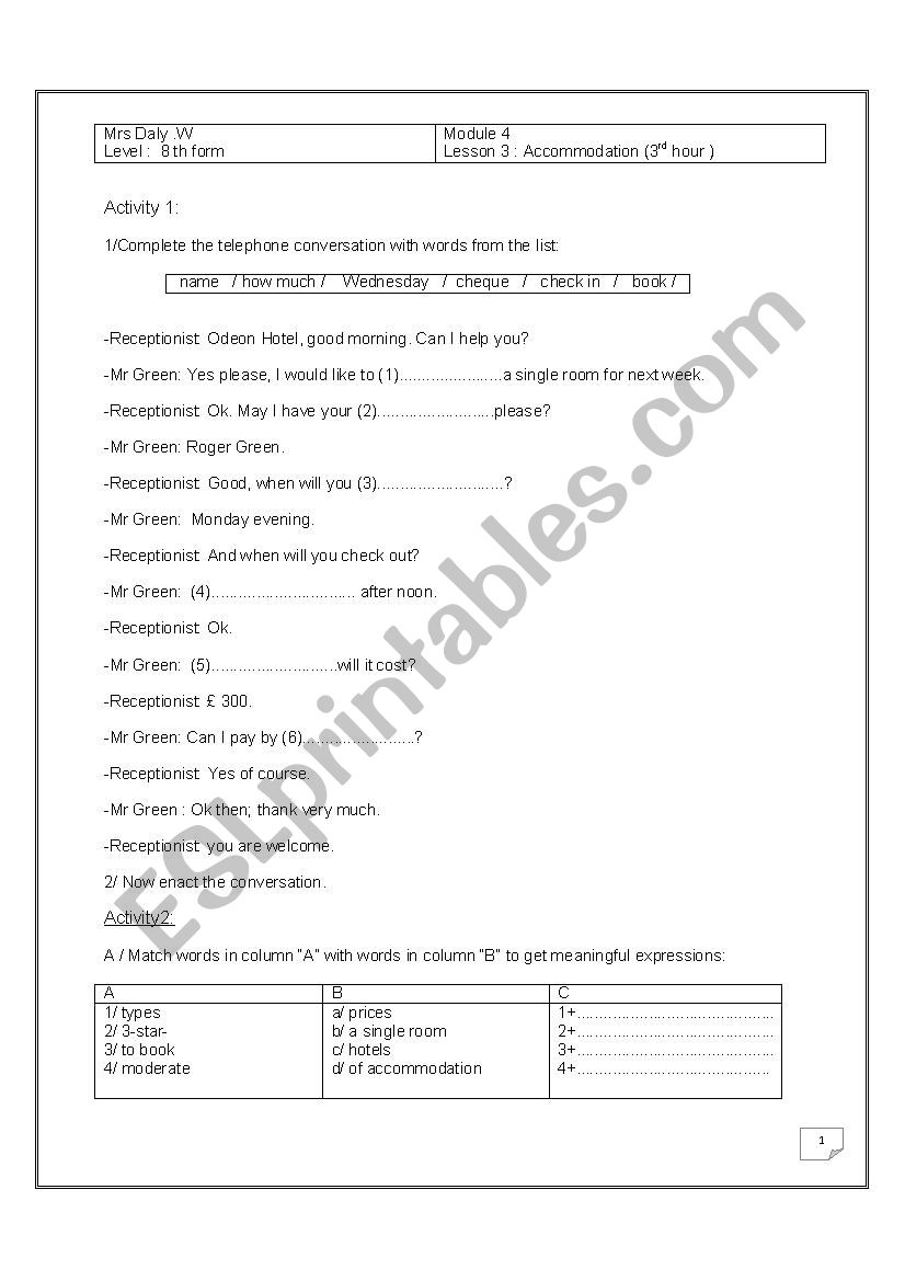 Accommodation worksheet