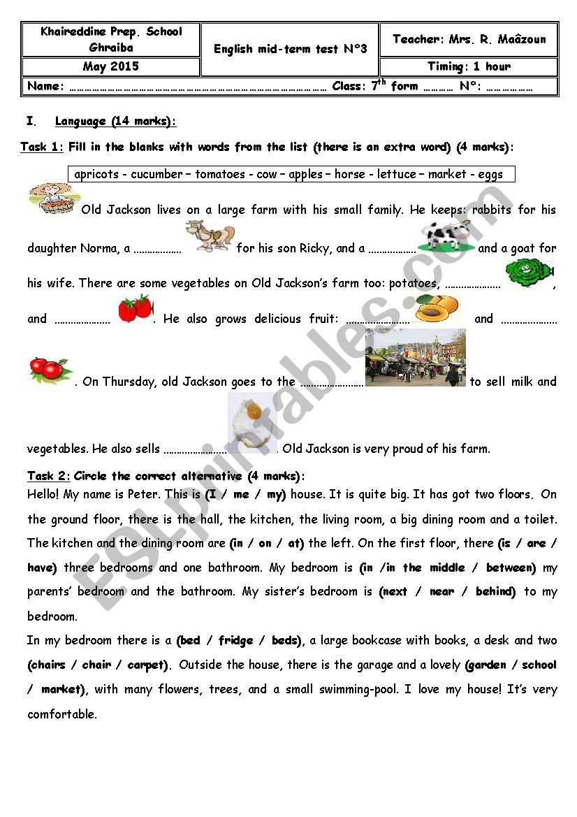 mid term test n 3 7th form worksheet