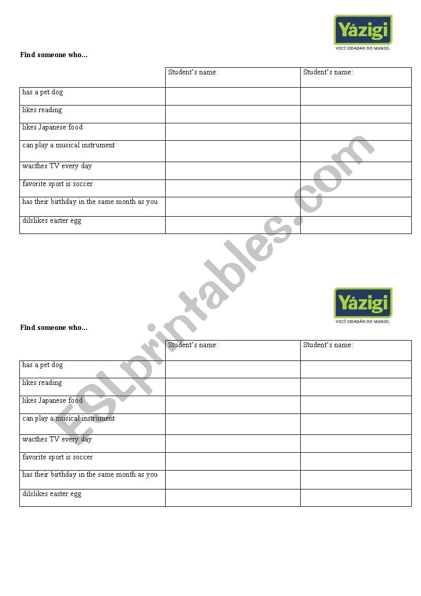 Find Someone who worksheet