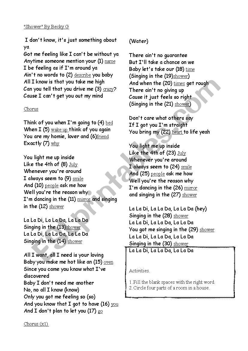 Becky G Shower song worksheet