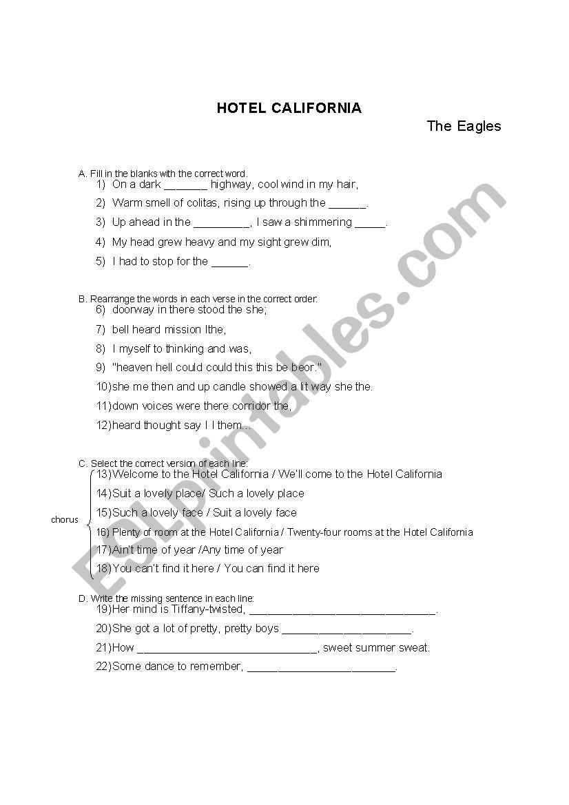 Hotel California worksheet worksheet