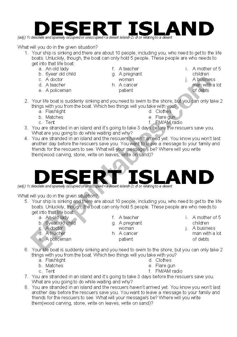 Desert Island worksheet