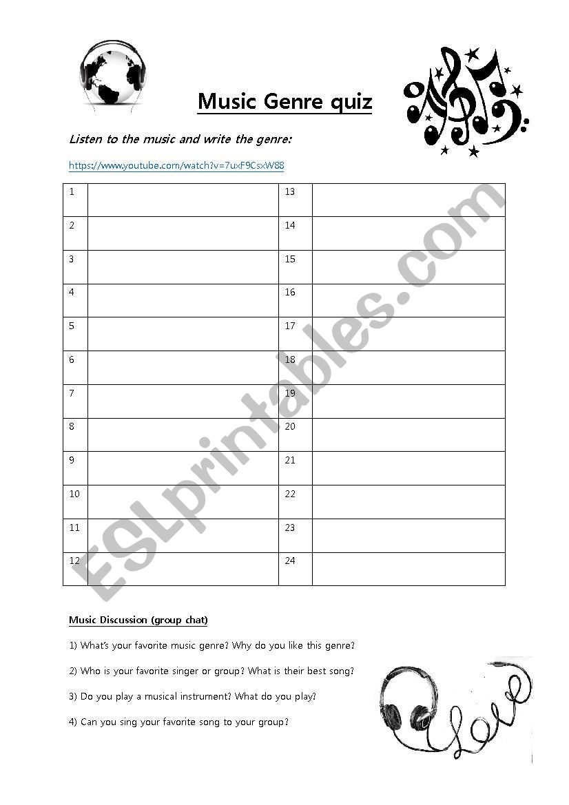 Music Genre Quiz and Song worksheet