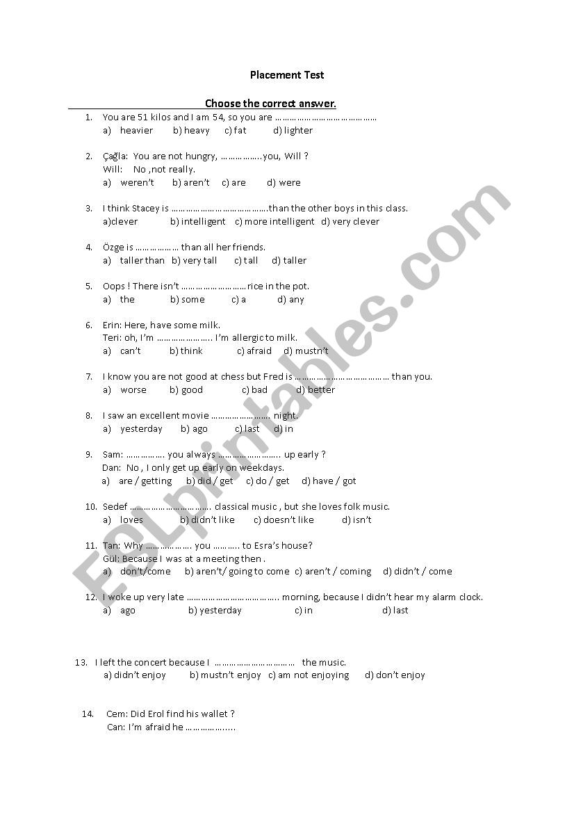 placement test worksheet