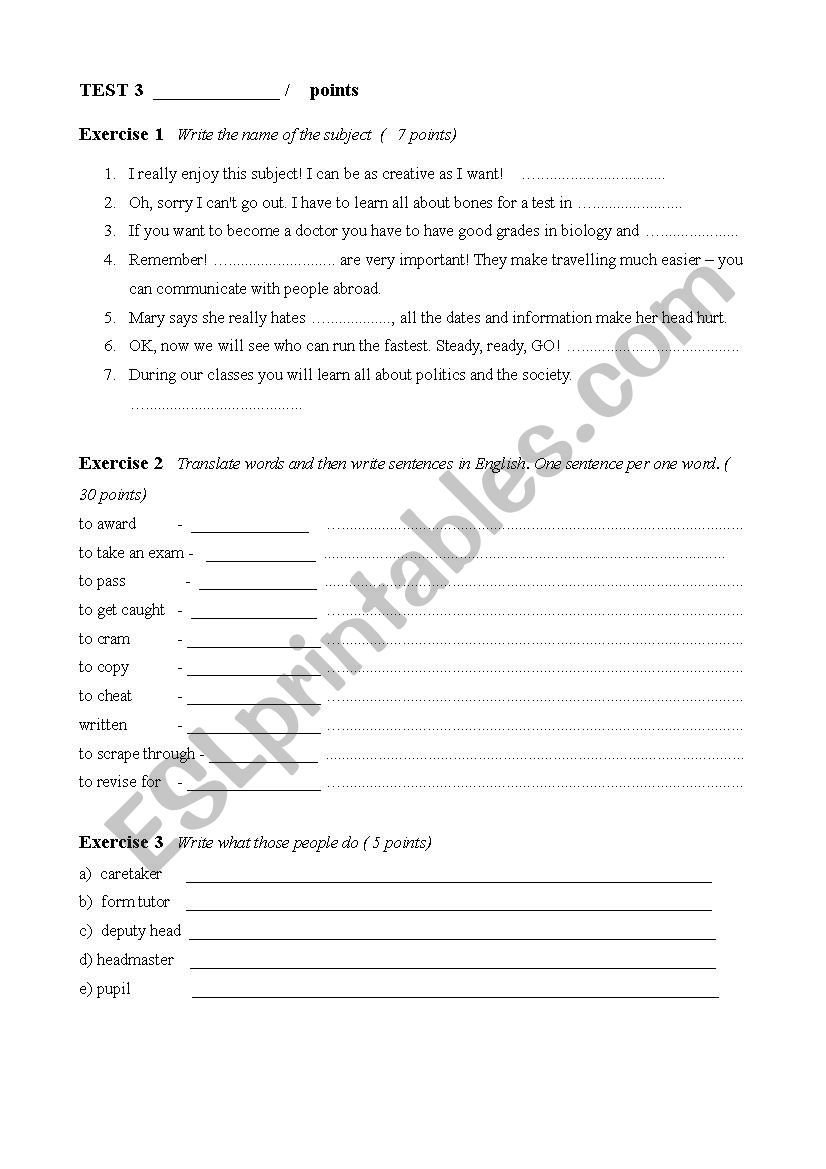School vocabulary (test) worksheet