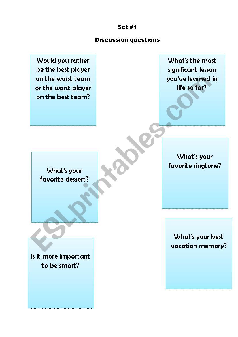 Discussion questions set 1 - ESL worksheet by Johnny_the_great